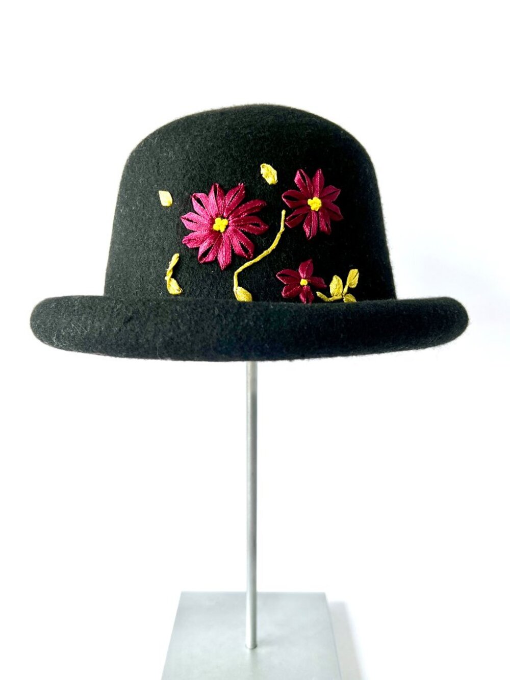 Cottagecore Bowler Black Wool Hat with Embroidered Flowers, Rolled Brim, EC!